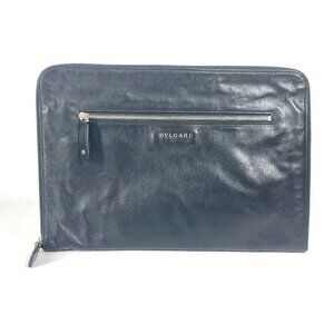 BVLGARI bag pouch logo Zip Around Clutch bag Leather Black